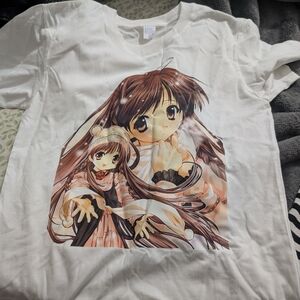 White  Anime Graphic Tee with Brown & Pink Artwork